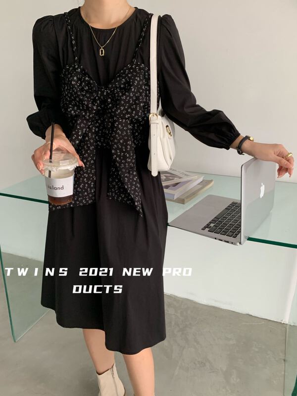 【TWINS】圓領簡約連衣裙+吊帶碎花背心兩件套裝  2007#  HJY