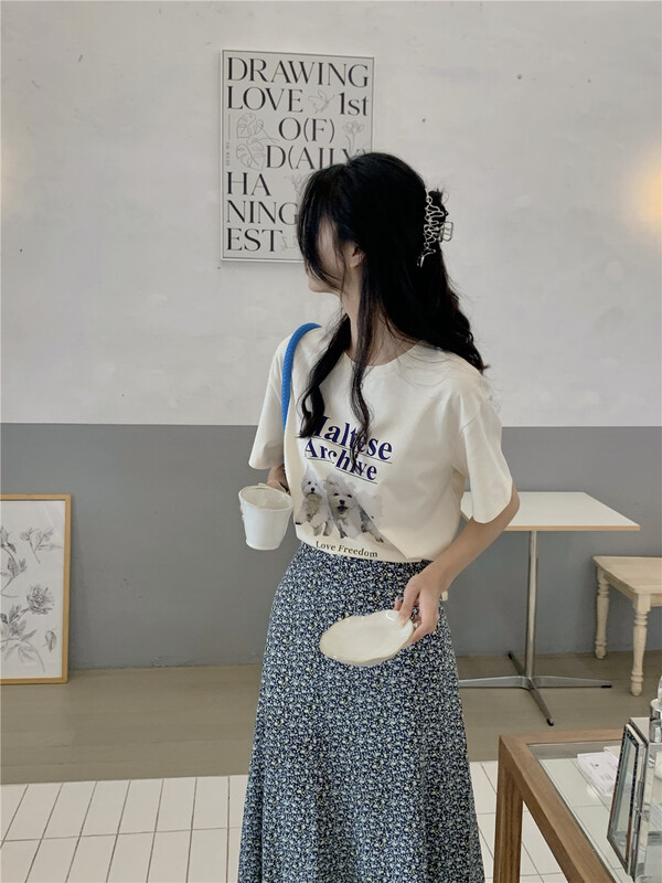 Original price 43.99! [lini] Korean alphabet printed loose short sleeve T-shirt 121c099# zxx