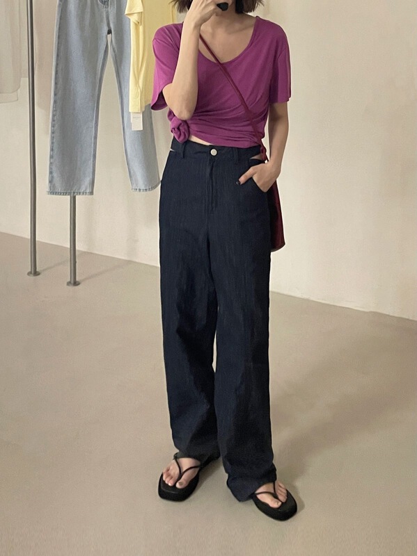 goods in stock! [clean space] Korean version open waist design straight tube loose jeans 30907a# CLS