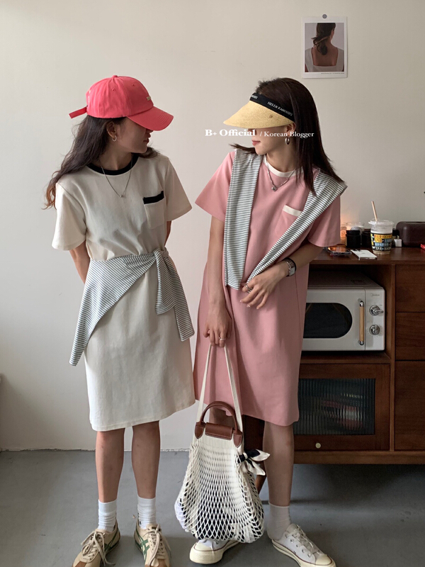 [B plus] Korean casual color matching loose short sleeved dress (with shawl) 22-9287-2# HBx