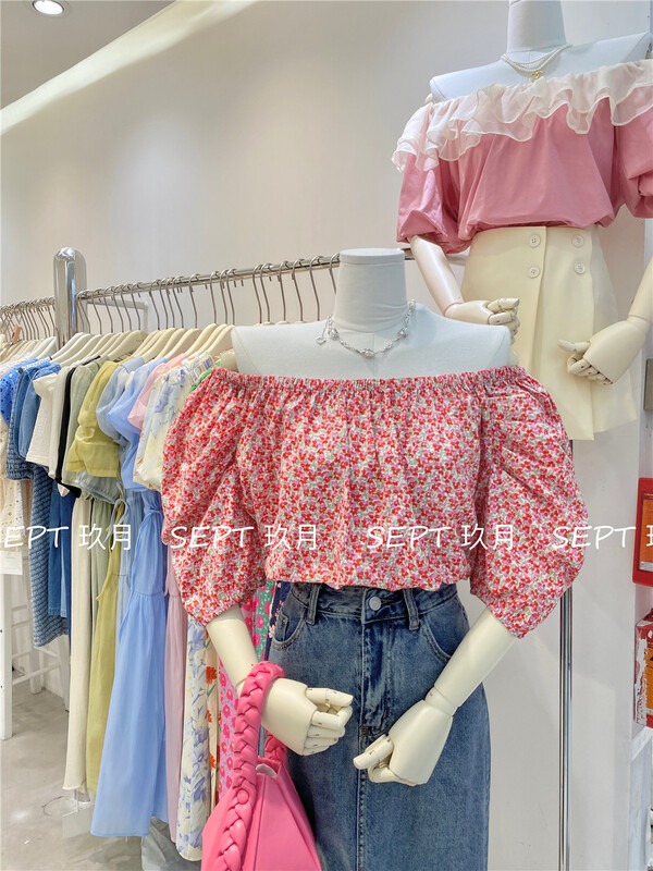 [set] Korean floral one shoulder short shirt 9212# zxx