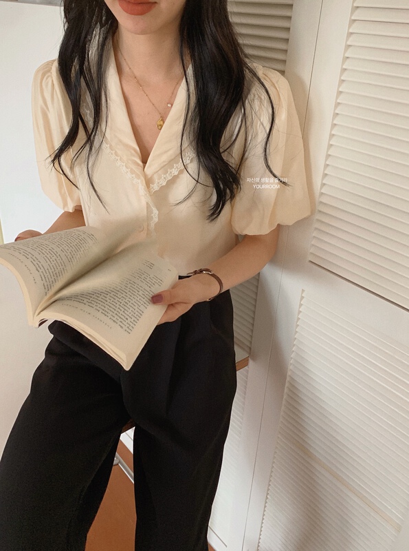 goods in stock! [your room] Korean lady lace breasted bubble sleeve blouse 9190# cqw