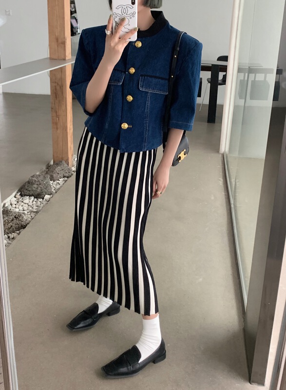 goods in stock! New year in early spring! [pink Pinker] color blocking niche fashion skinny denim coat 81857-1# LSL
