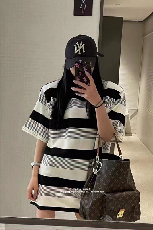 [Yang-Yang] Korean loose Western stripe short sleeve T-shirt c6199# CLS