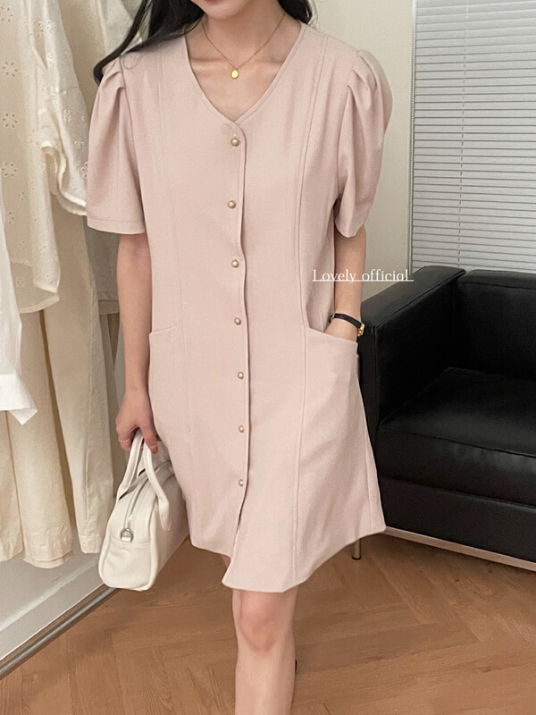 [love] V-neck shows thin temperament, bubble sleeve retro casual dress s1320# HBx