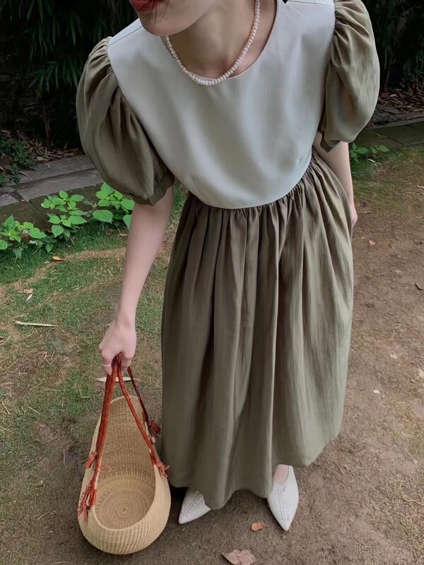 [M queen] temperament round neck bubble sleeve stitched dress 6275# HBx