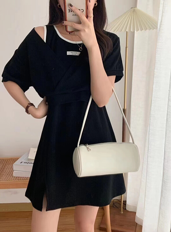 [top] Korean V-neck short shirt + label design dress set 358# zjy