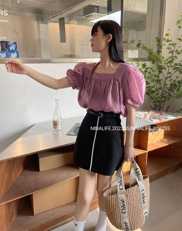 New in early summer! [Nina life] bubble sleeve square neck fashion shirt 3977# zxl