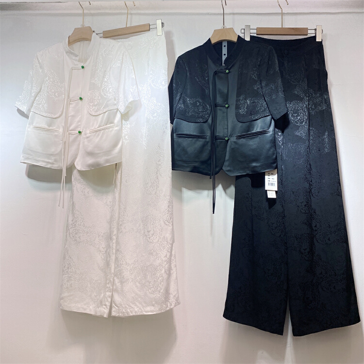 [Torreya grandis] Chinese style stand collar button up shirt + versatile basic jacquard casual pants set 6103# JJ