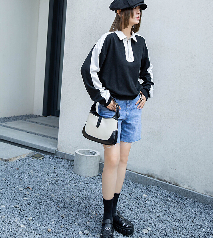 [myallin] Korean color blocking design semi zipper short sweater 8025# ozq