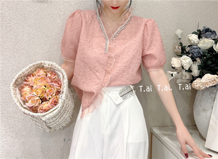 [t.ai] V-neck fungus edge gentle wind small shirt 10057# zxx