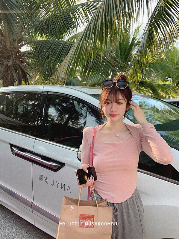 [wgwe] Korean style square neck short long sleeve T-shirt 1183# PCZ