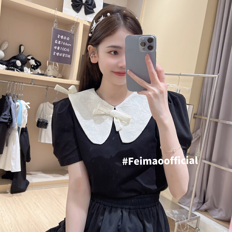 [Feimao Philippine cat] Korean color contrast doll neck bubble sleeve short sleeve T-shirt ym-9736# LSL