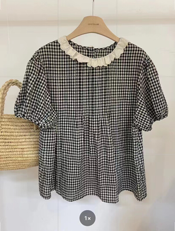 New in early summer! [tototellme] Korean version simple Plaid lace collar shirt 23175# HBx