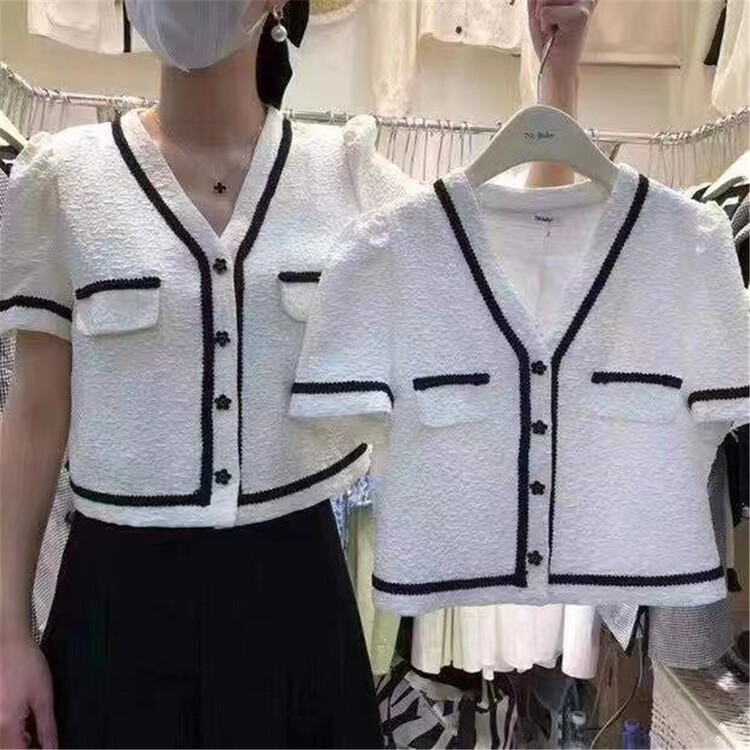 [tangtangtangjia] xiaoxiangfeng color contrast edge bubble sleeve button up blouse 2851# PCZ