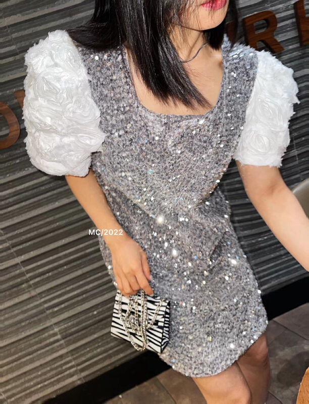 New in early summer! [MC] Sequin bubble sleeve square neck dress 8881# ozq