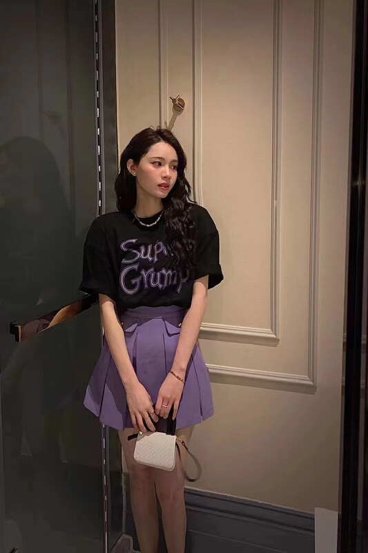 [MI] letter printed short sleeve T-shirt + pleated skirt set 8882# PCZ