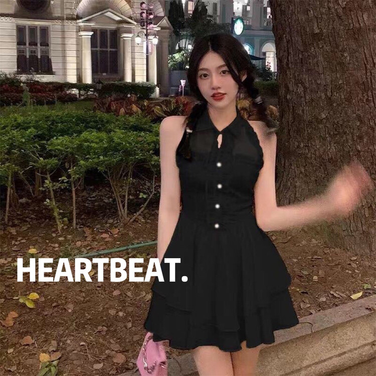 [hearteat] pure style sleeveless lace up love button dress 503# zjy