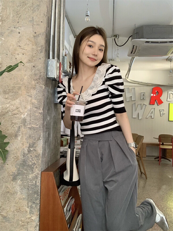 New in early summer! [yes] crew neck Pullover striped blouse 22019# ozq