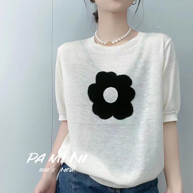 [pamini] Korean flower jacquard short sleeve ice silk sweater 2270# HJC