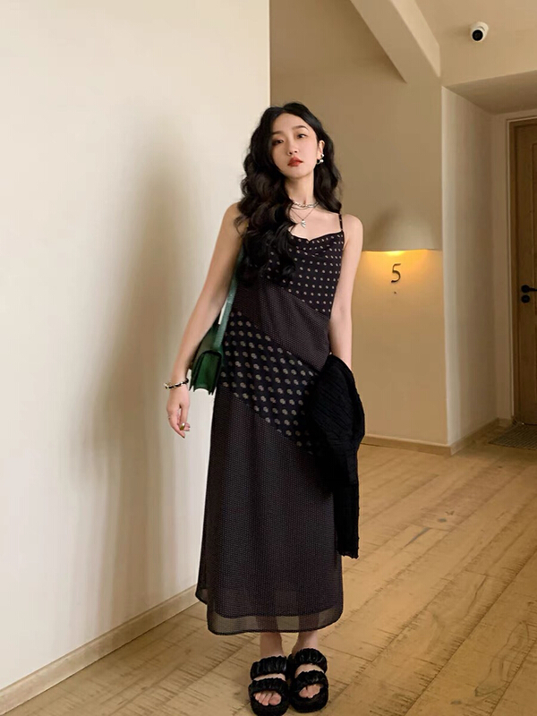 [savage] French retro high-level sense contrast color splicing floral suspender dress e8180# WPL