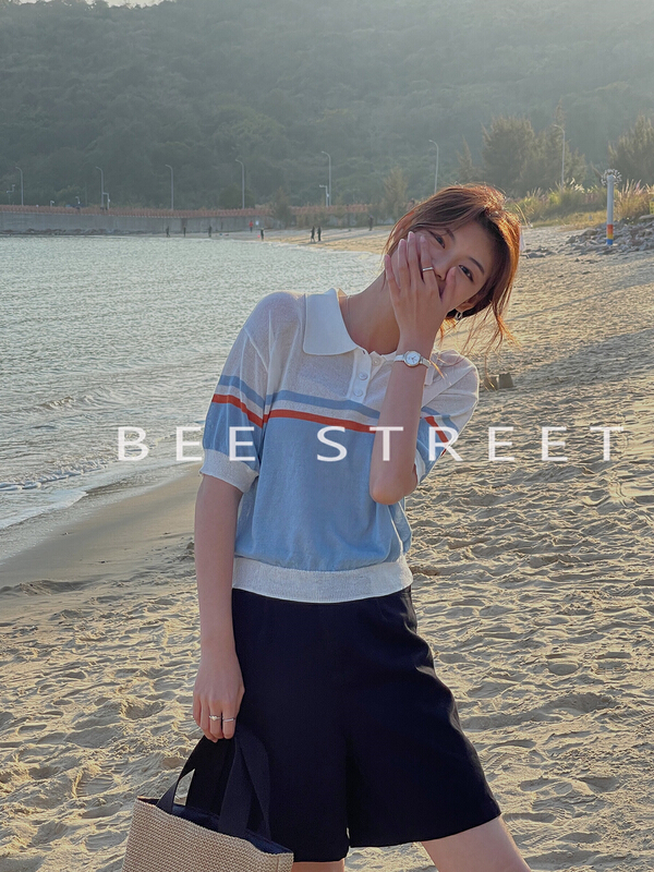 [bee Street] color blocking fashion thin polo shirt 2395-1# lwy