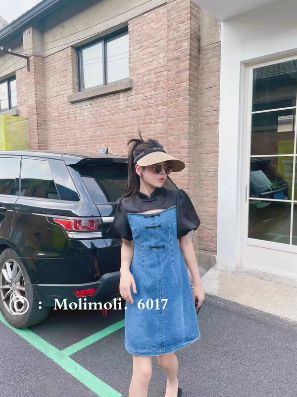 [yayirou] Korean retro stitched denim dress 6607# zyh