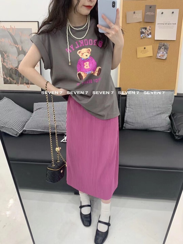 [seven 7] Korean Short Sleeve T-Shirt + solid color versatile skirt set 8178# WTT
