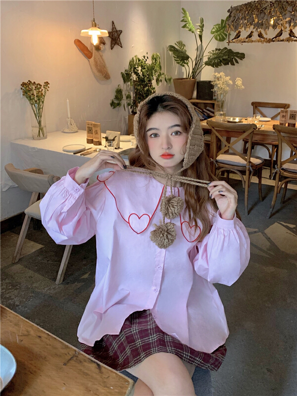 New year in early spring! [timely rain] Han Feng ins sweet aging design sense lovely large lapel embroidered shirt c085# jhy