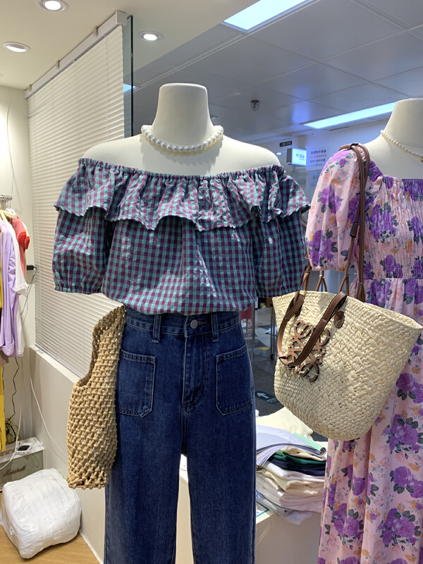 [Simida / doroe] Korean style sweet ruffled one shoulder plaid shirt (only shirts) 10717# zxl