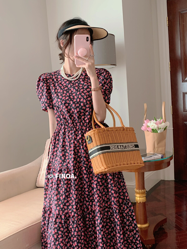 [finoa] Korean casual round neck floral waist pleated loose dress 10480# CLS