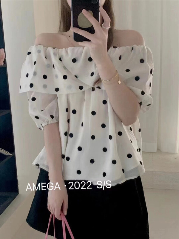 [amega] wave dot printed off shoulder shirt 6978# HBx