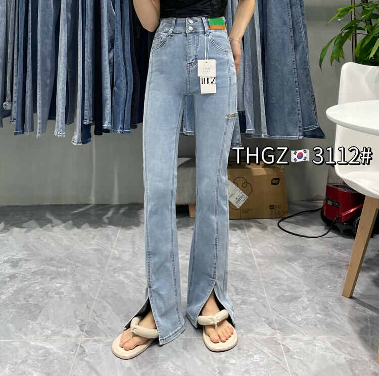 [fairy tale princess] Korean version waist double button label cut elastic comfortable micro flare jeans 3112# hjy