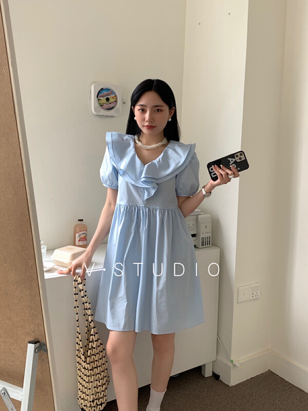 【5】 French Ruffle bubble sleeve dress 7951# L