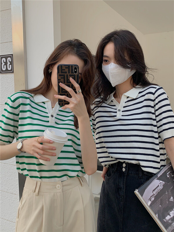 New year in early spring! [sendu] Polo neck stripe short sleeve T-shirt 81693# zxx