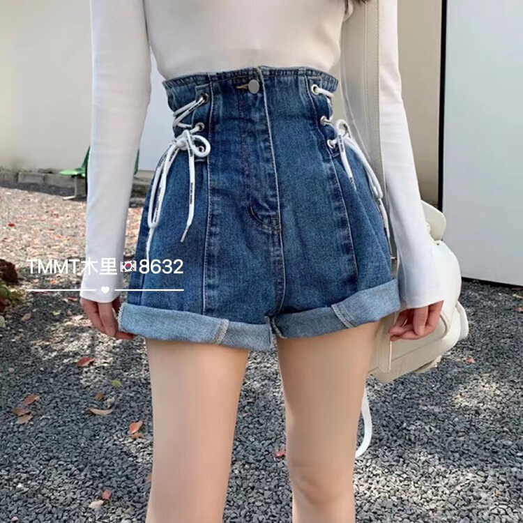 New in early summer! [Jiajia Muli] tied rope design high waist denim shorts 8632# L