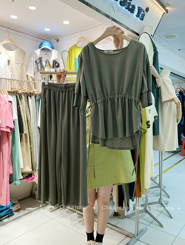 [Yi Jia Yi] solid color loose waist Top + lazy loose casual pants two piece suit 2218# cqw