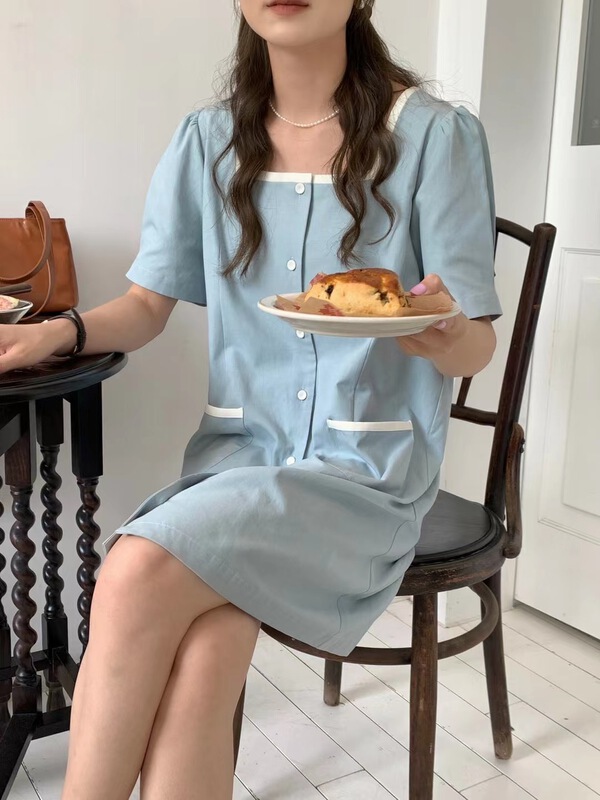 [feeding] Korean version color matching edge button square neck bubble sleeve dress 3382-a6# cqw
