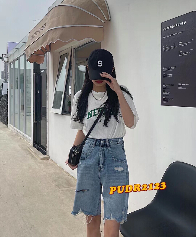 [pudr] hole breaking comfortable Korean denim shorts 2132# XJ