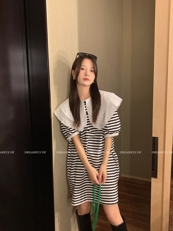 [dream fly] double layer large lapel stripe versatile dress 61223# XJ