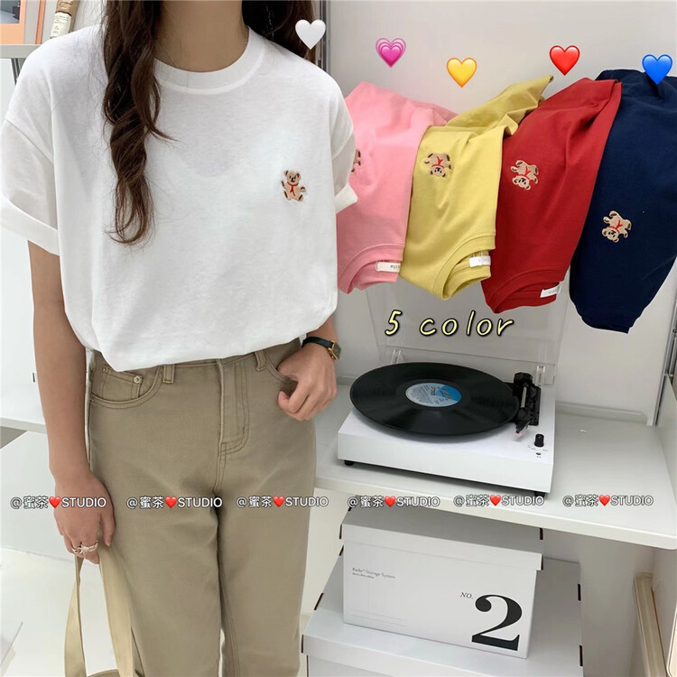 goods in stock! [rara] Korean bear embroidered short sleeve T-shirt 77051# LSL
