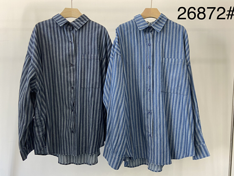 New year in early spring! [ninestone Jiushi] Japanese casual versatile loose stripe denim shirt 26872# XYY