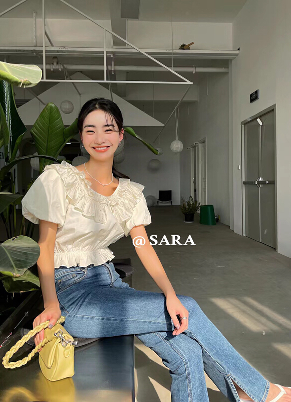 New in early summer! [Sara] sweet V-neck wave point ruffled blouse 16938# lwy