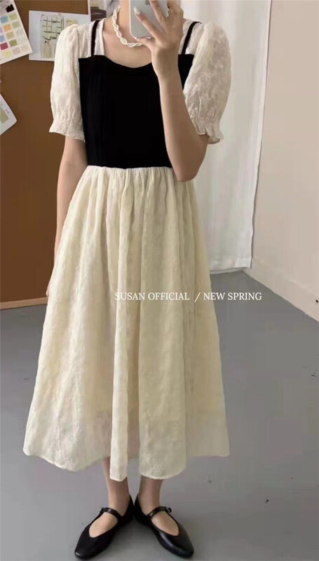 [Susan] vintage style contrast color fake two-piece dress 721# LSW