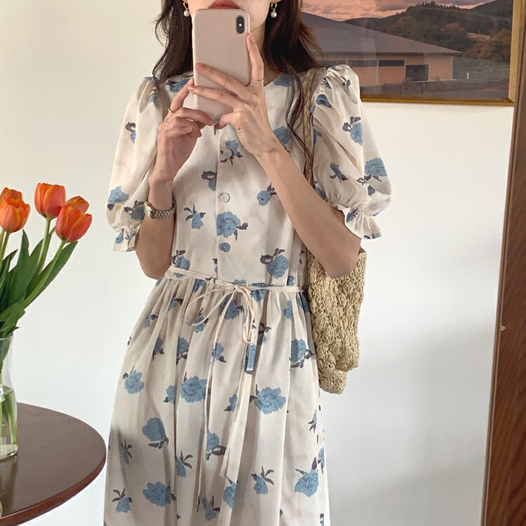 New in early summer! [LML] French gentle retro floral bubble sleeve dress (with waist rope) 9434# ozq
