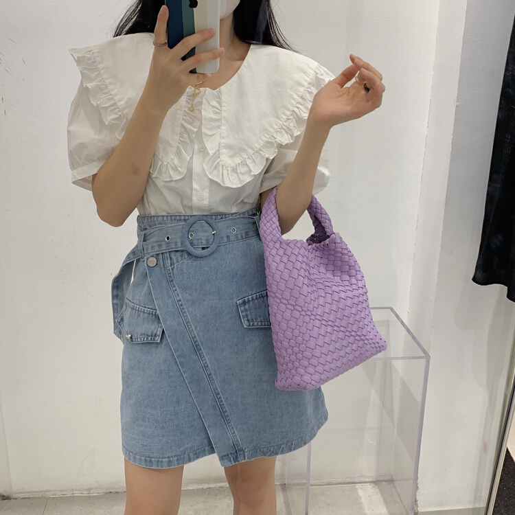 [Za] sweet baby collar shirt + diagonal button high waist thin denim skirt suit 18307# LSL