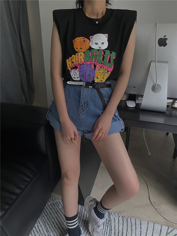 [wut / N Cola] cat printed sleeveless short sleeve T-shirt w517# LSL