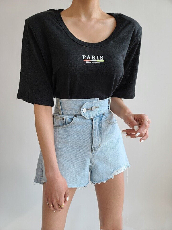New in early summer! [four seasons] high waisted two button washed woolen denim shorts 535# LSL