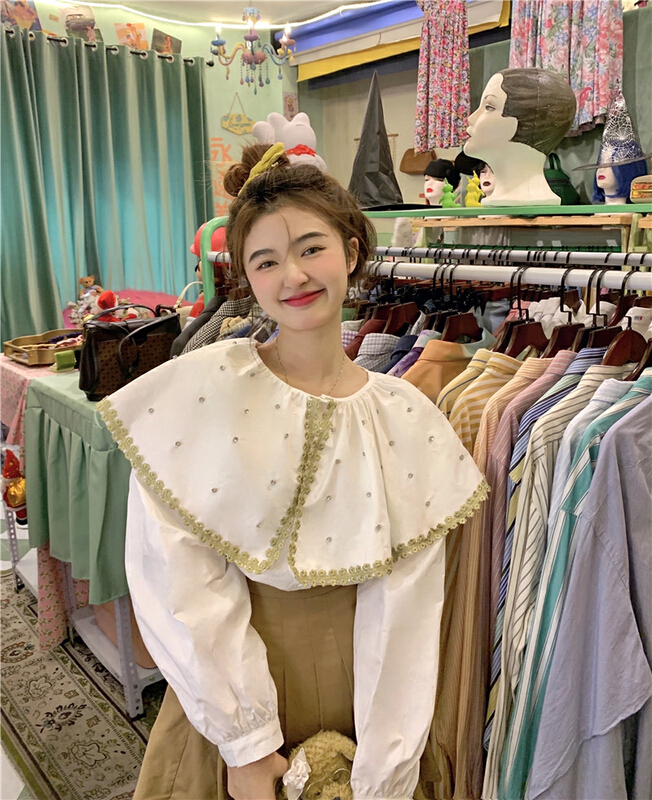 New year in early spring! [timely rain] Han Feng ins sweet retro lace girl feeling big Lapel Beaded doll collar shirt (only shirts) 55826# YYW