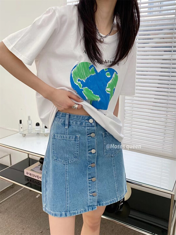 現貨!初夏上新!【MOSES QUEEN】韓系顯瘦牛仔排扣半身裙  56053#  XYY